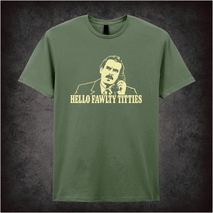 “Basil Fawlty ‘Hello Fawlty Titties’ T-shirt in military green from Fawlty Towers”