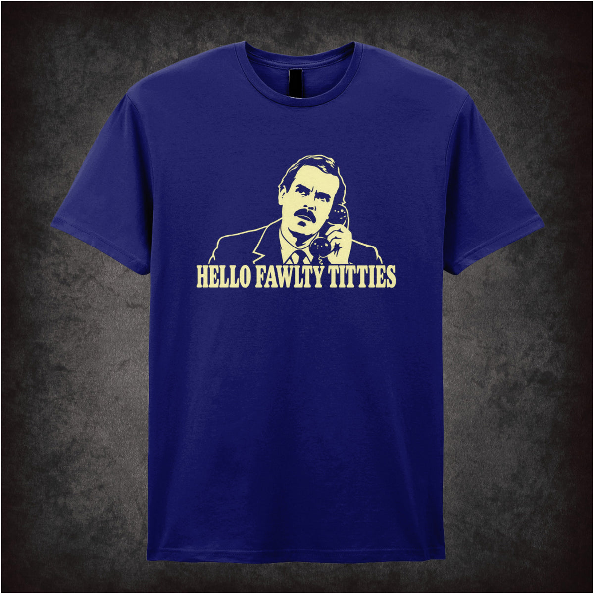 “Basil Fawlty ‘Hello Fawlty Titties’ T-shirt in navy from Fawlty Towers”