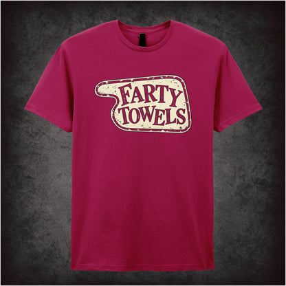 “‘Farty Towels’ hotel sign T-shirt in cardinal red from Fawlty Towers”