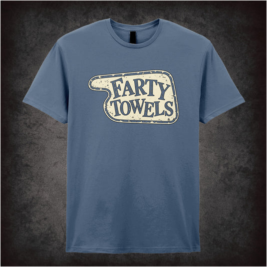 “‘Farty Towels’ hotel sign T-shirt in indigo from Fawlty Towers”