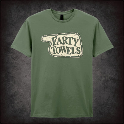 “‘Farty Towels’ hotel sign T-shirt in military green from Fawlty Towers”