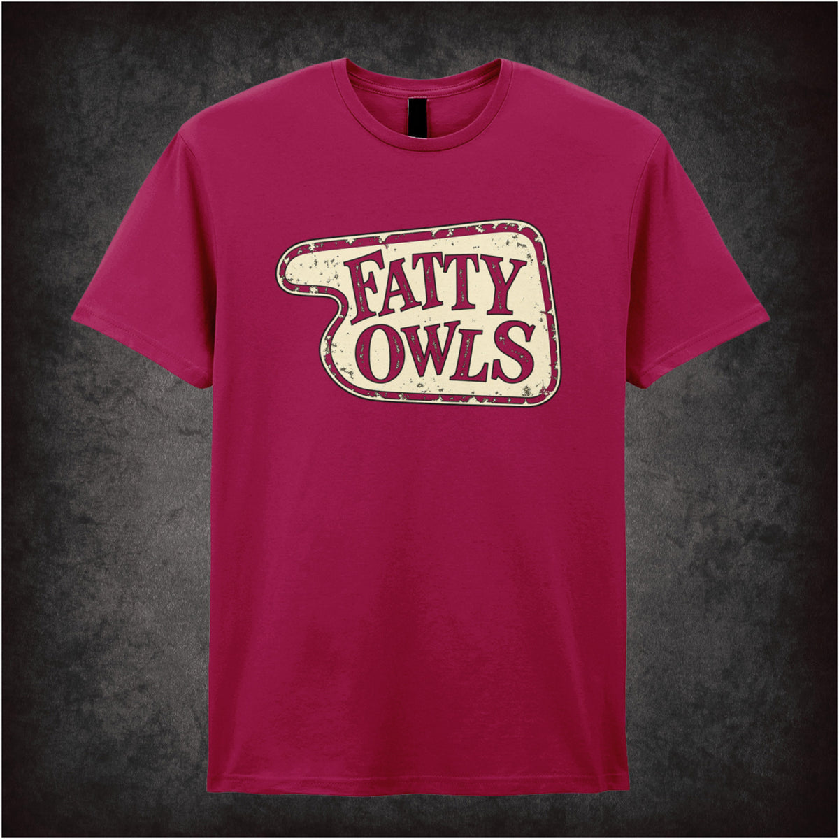 “‘Fatty Owls’ hotel sign T-shirt in cardinal red from Fawlty Towers”