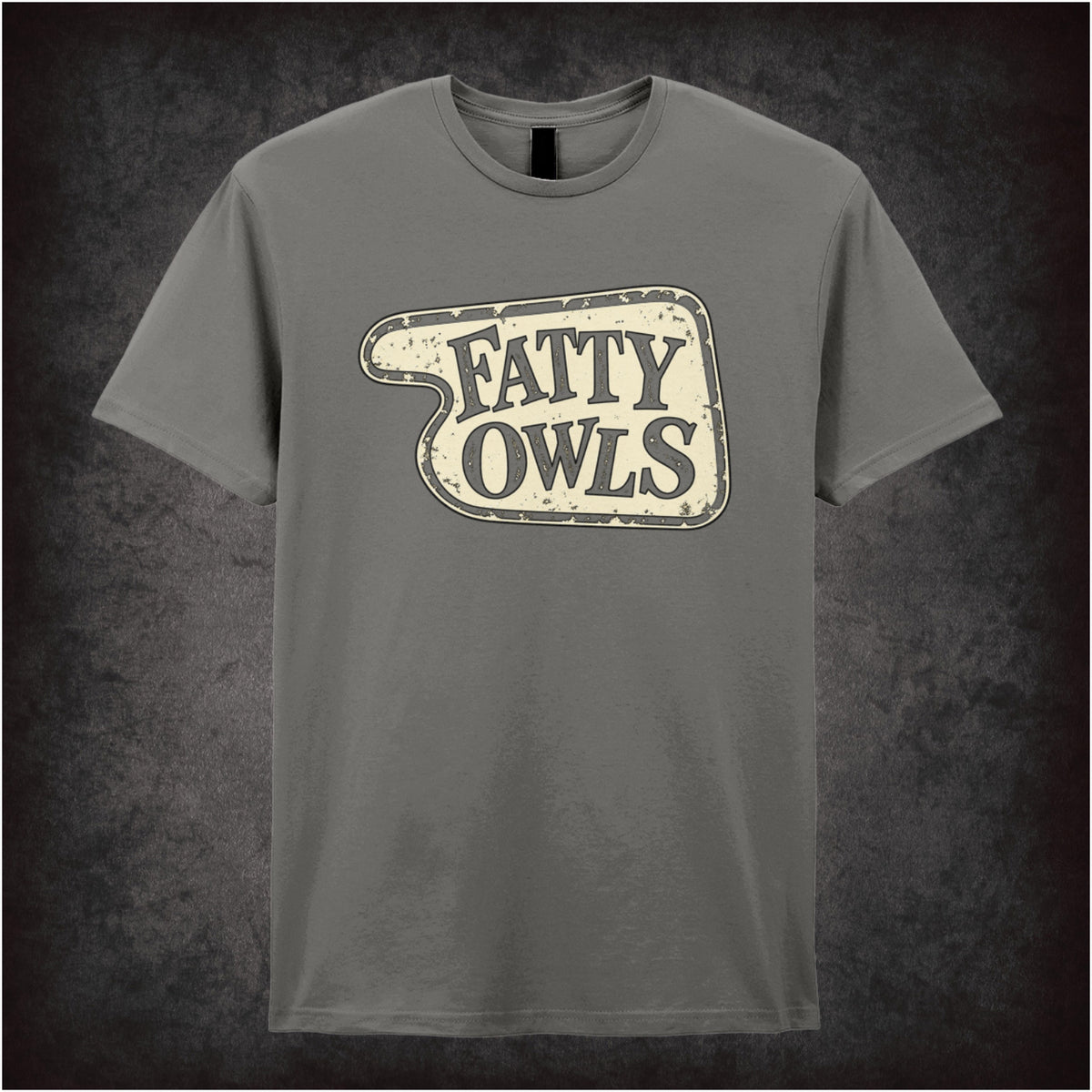 “‘Fatty Owls’ hotel sign T-shirt in charcoal from Fawlty Towers”