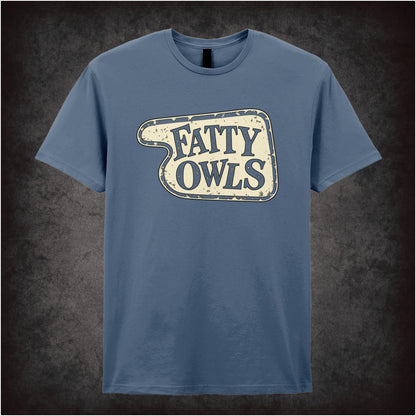 “‘Fatty Owls’ hotel sign T-shirt in indigo from Fawlty Towers”