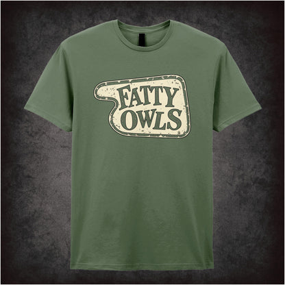 “‘Fatty Owls’ hotel sign T-shirt in military green from Fawlty Towers”