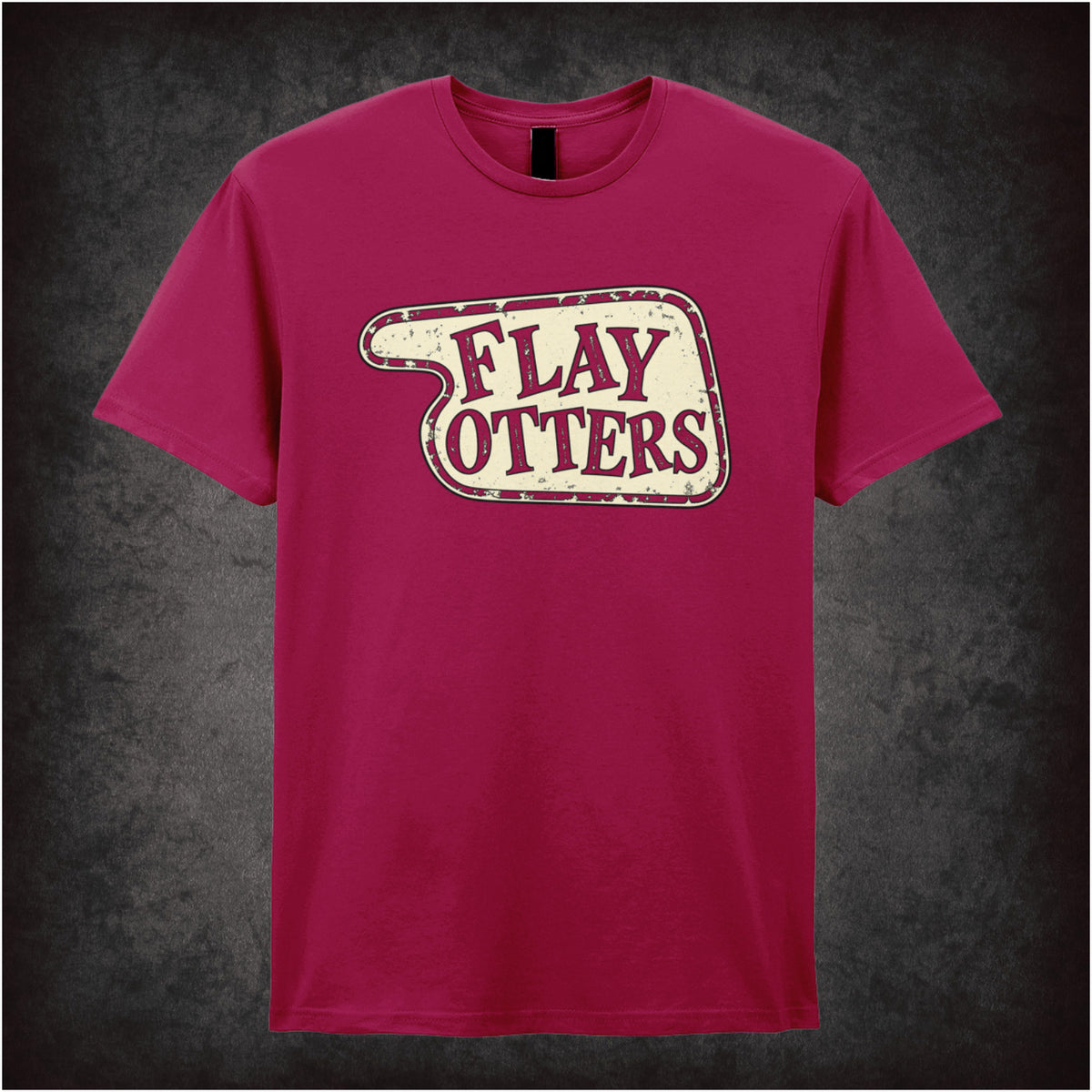“‘Flay Otters’ hotel sign T-shirt in cardinal red from Fawlty Towers”