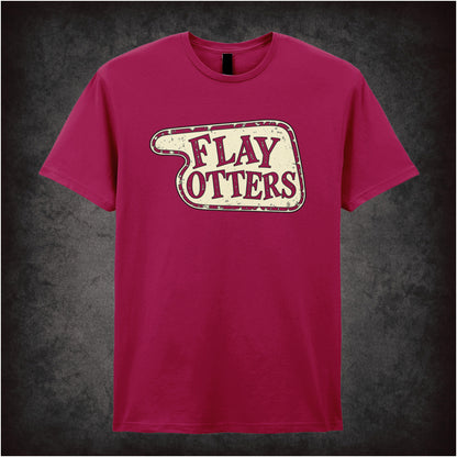“‘Flay Otters’ hotel sign T-shirt in cardinal red from Fawlty Towers”