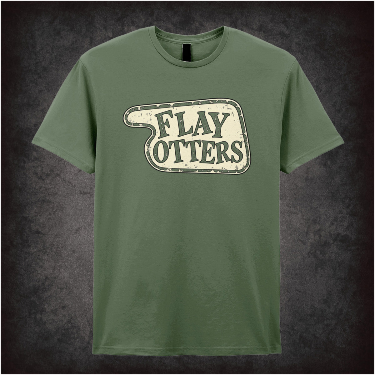 “‘Flay Otters’ hotel sign T-shirt in military green from Fawlty Towers”