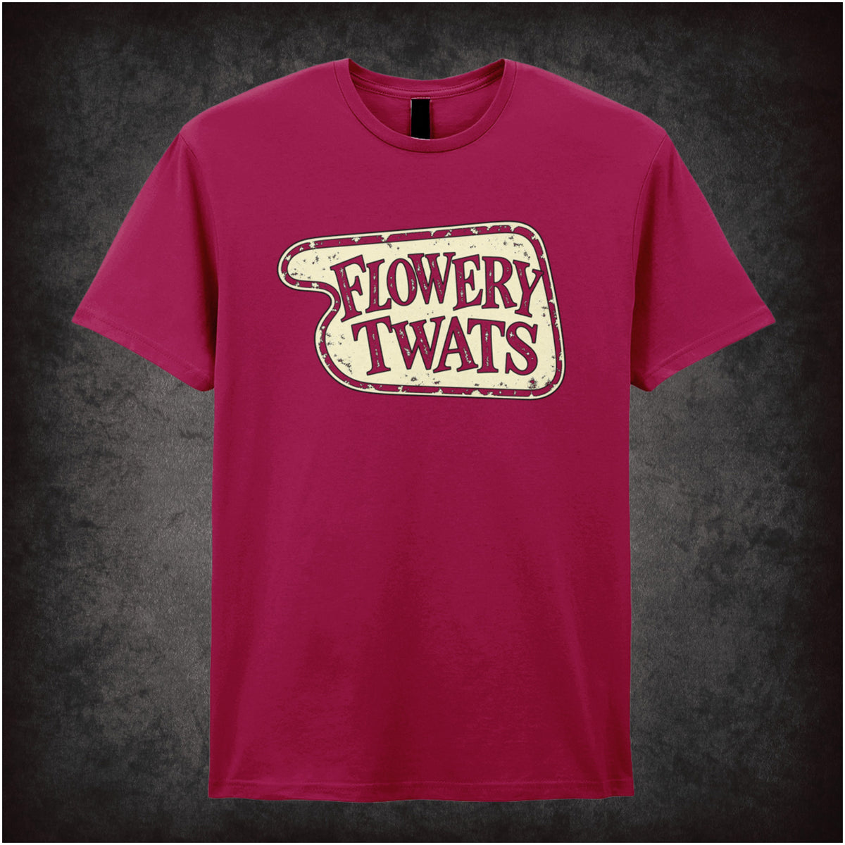 “‘Flowery Twats’ hotel sign T-shirt in cardinal red from Fawlty Towers”