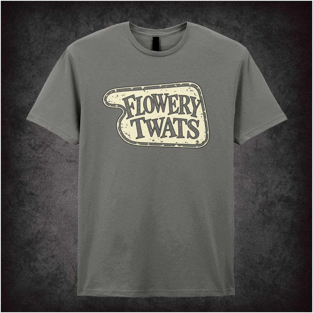 “‘Flowery Twats’ hotel sign T-shirt in charcoal from Fawlty Towers”
