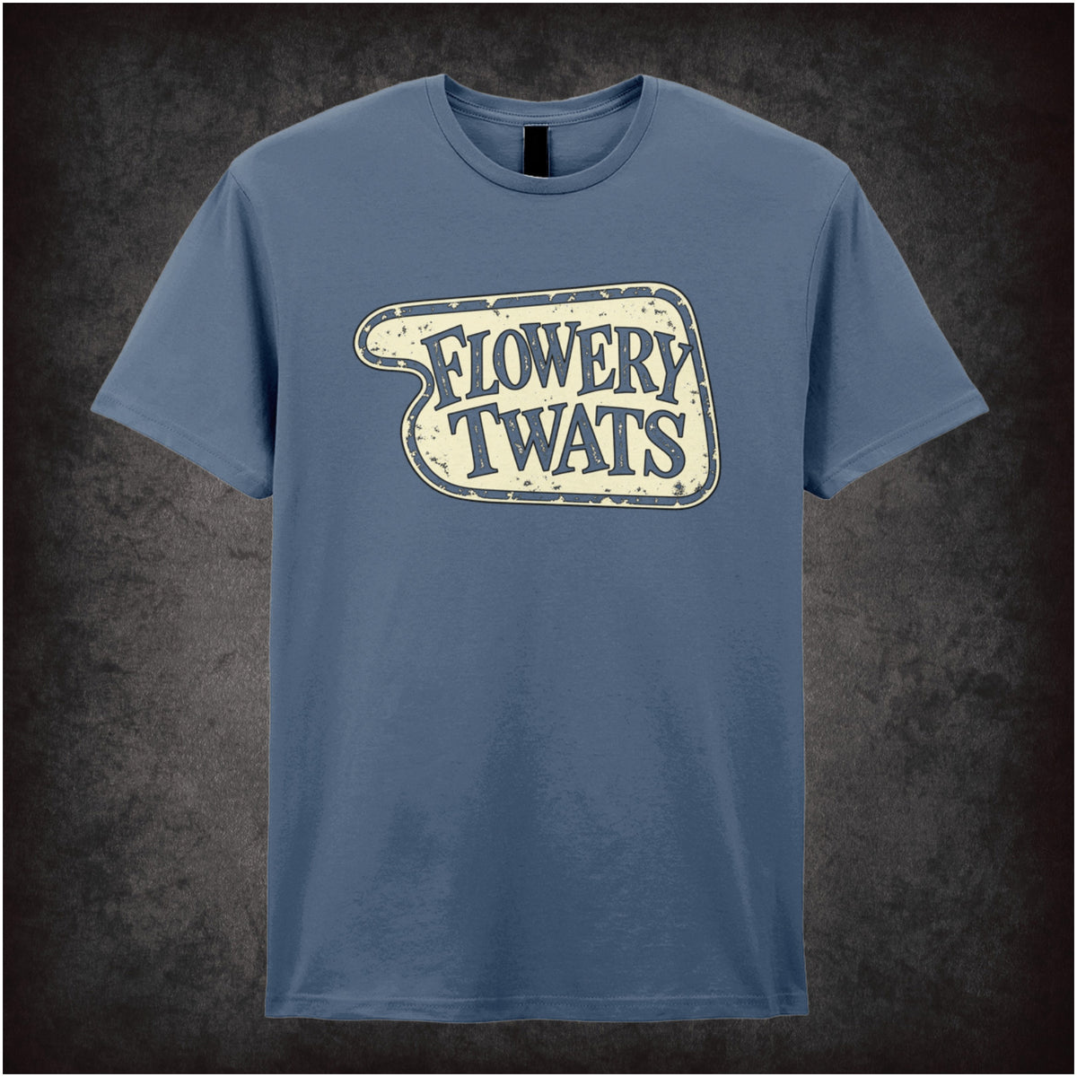 “‘Flowery Twats’ hotel sign T-shirt in indigo from Fawlty Towers”
