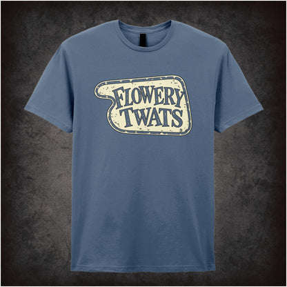 “‘Flowery Twats’ hotel sign T-shirt in indigo from Fawlty Towers”