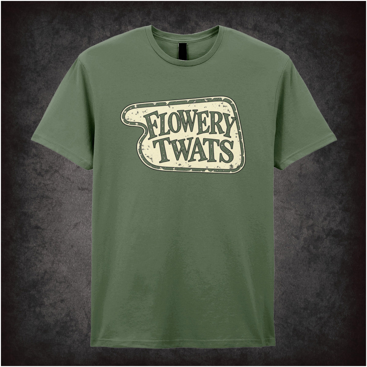 “‘Flowery Twats’ hotel sign T-shirt in military green from Fawlty Towers”
