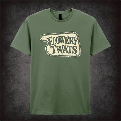 “‘Flowery Twats’ hotel sign T-shirt in military green from Fawlty Towers”