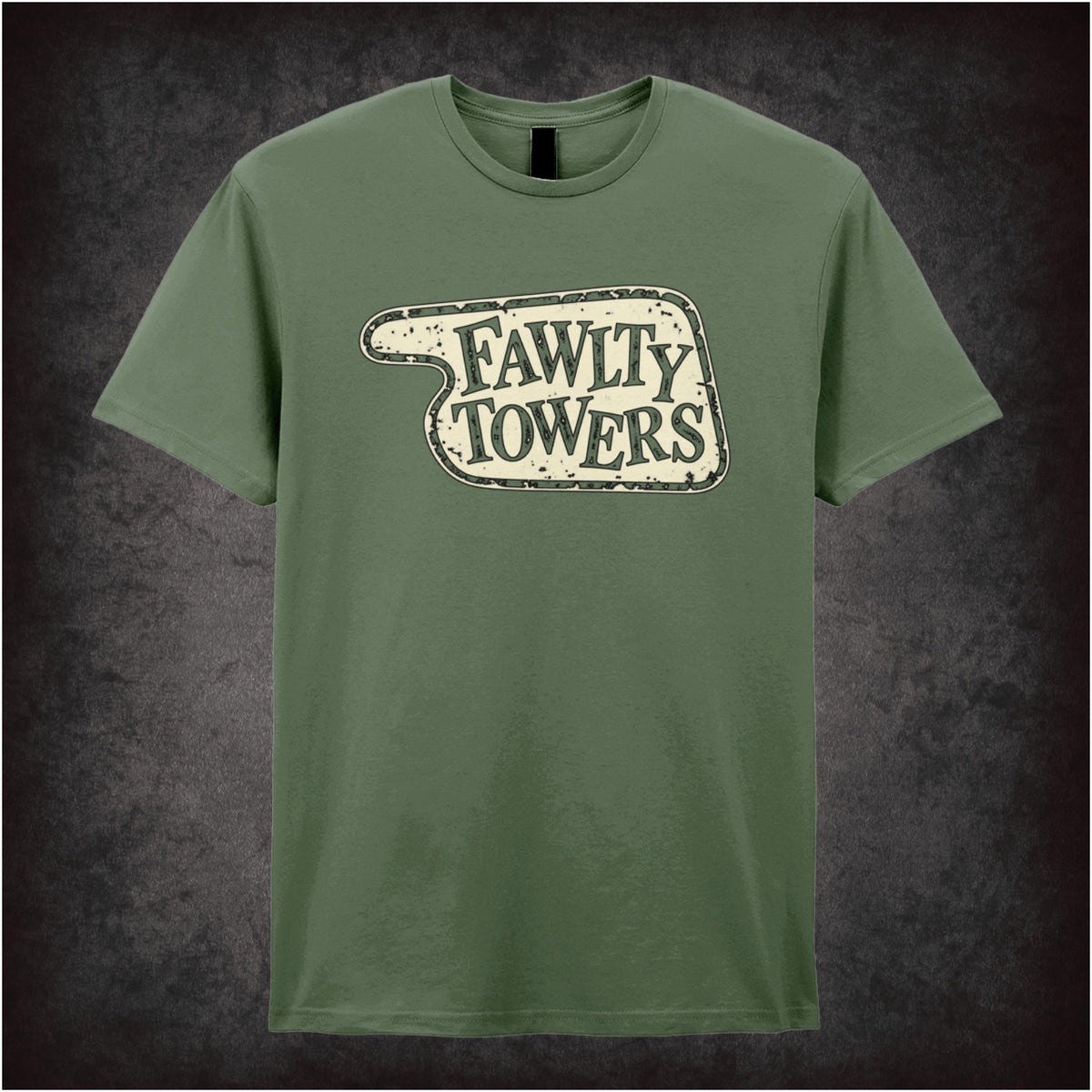 “‘Fawlty Towers’ hotel sign T-shirt in military green from Fawlty Towers”