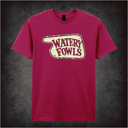 “‘Watery Fowls’ hotel sign T-shirt in cardinal red from Fawlty Towers”