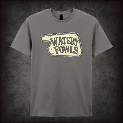“‘Watery Fowls’ hotel sign T-shirt in charcoal from Fawlty Towers”