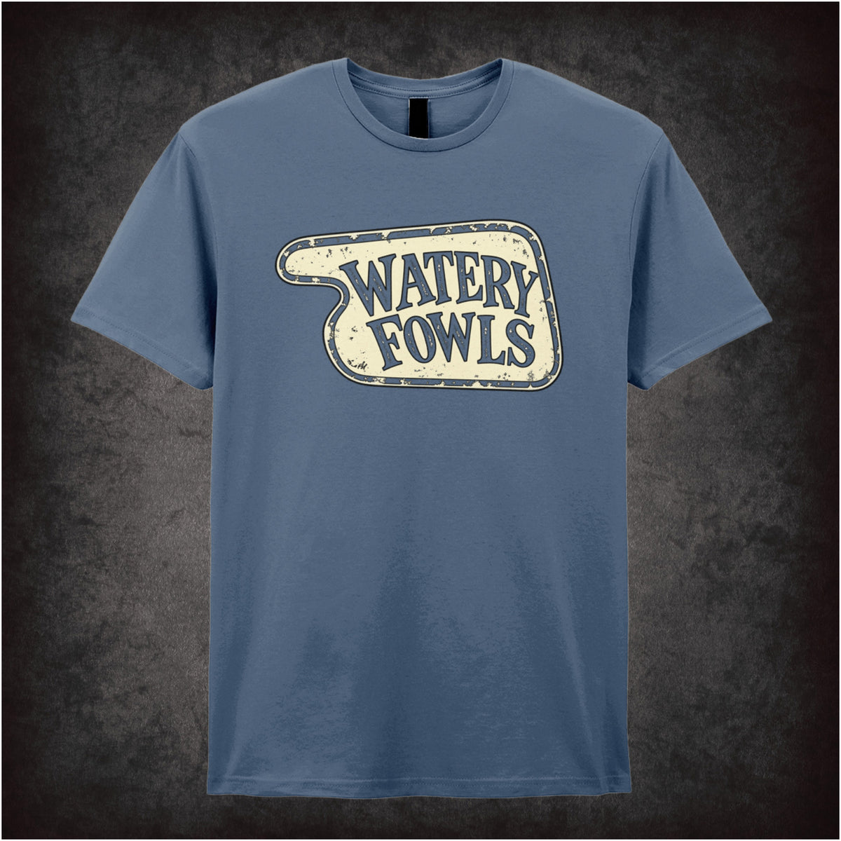 “‘Watery Fowls’ hotel sign T-shirt in indigo from Fawlty Towers”