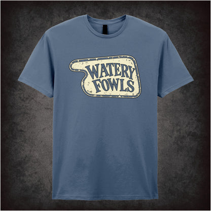 “‘Watery Fowls’ hotel sign T-shirt in indigo from Fawlty Towers”