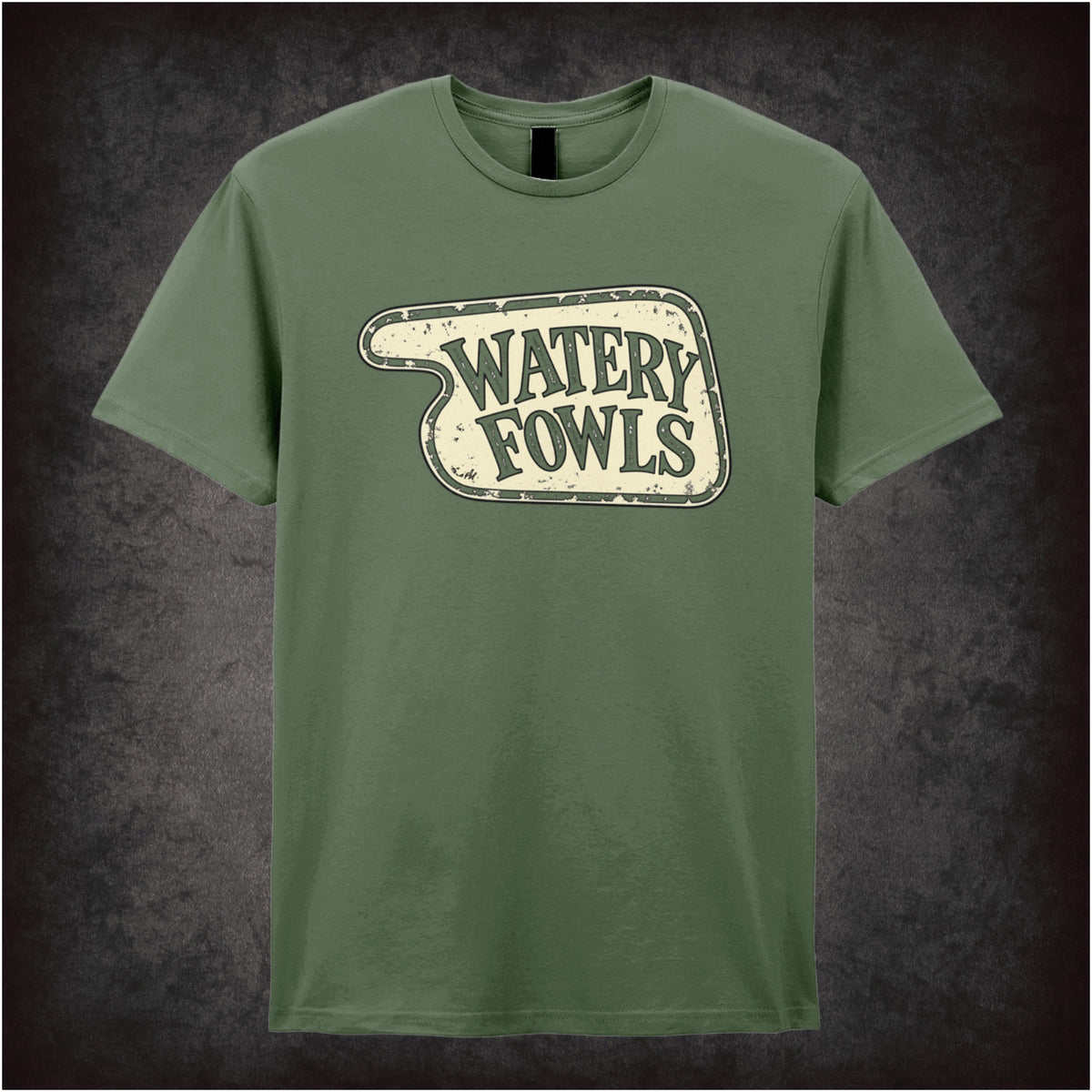 “‘Watery Fowls’ hotel sign T-shirt in military green from Fawlty Towers”