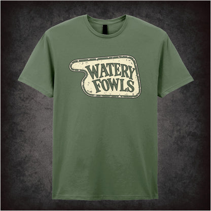 “‘Watery Fowls’ hotel sign T-shirt in military green from Fawlty Towers”