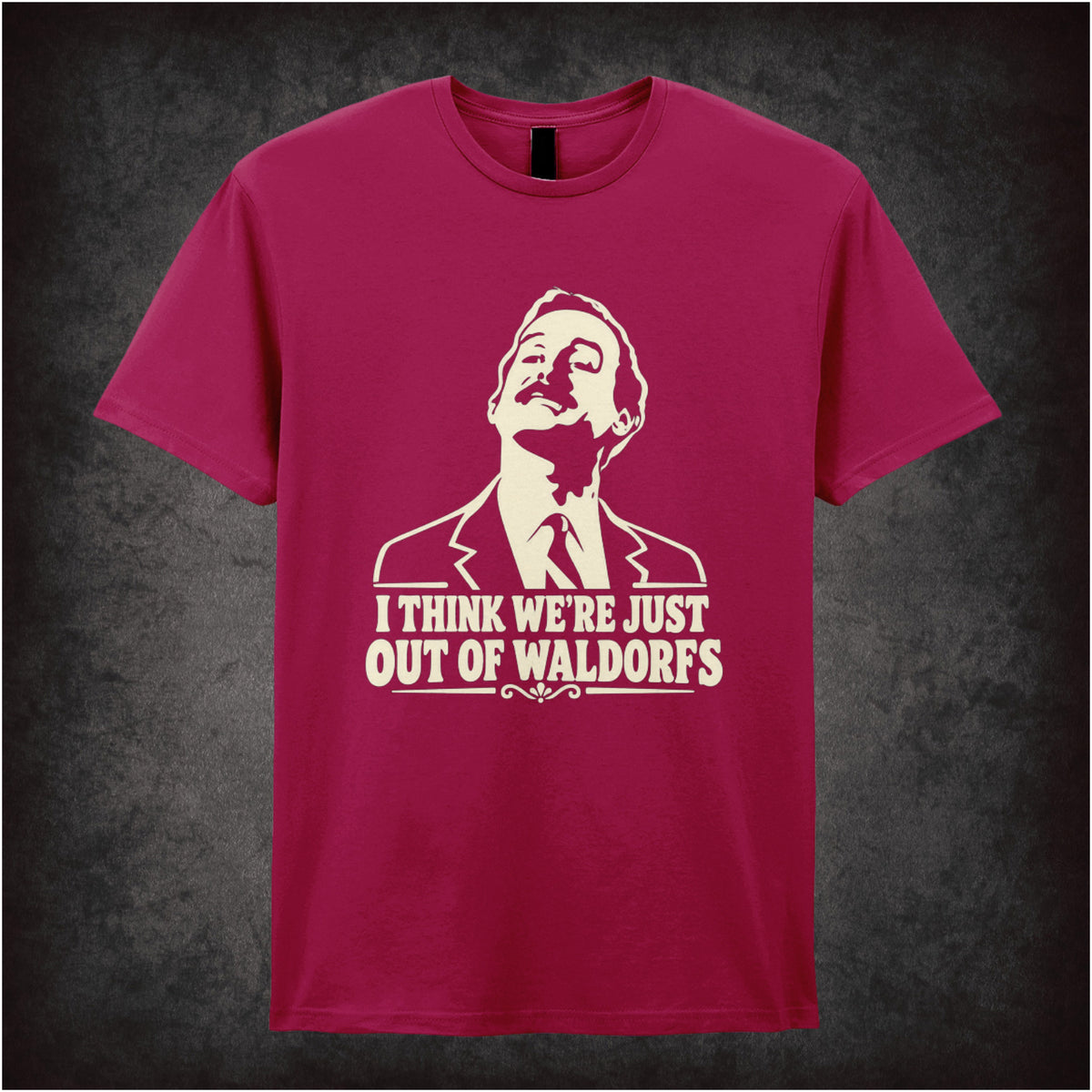 “Basil Fawlty ‘I think we’re just out of Waldorfs’ T-shirt in cardinal red from Fawlty Towers”