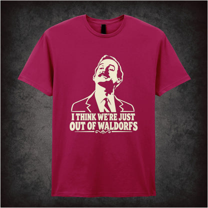 “Basil Fawlty ‘I think we’re just out of Waldorfs’ T-shirt in cardinal red from Fawlty Towers”