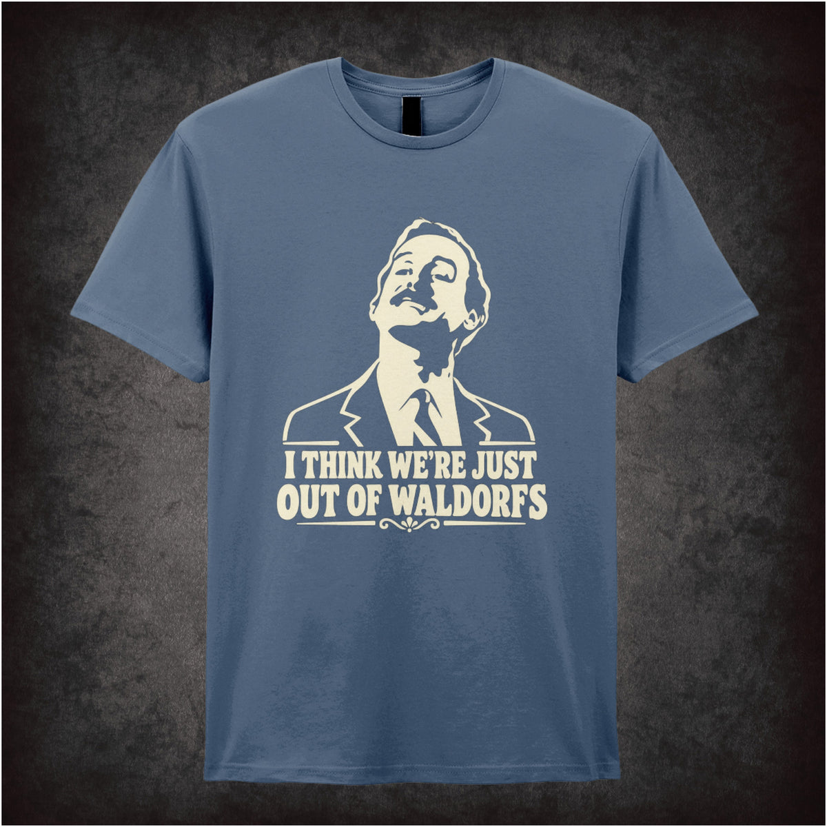 “Basil Fawlty ‘I think we’re just out of Waldorfs’ T-shirt in indigo from Fawlty Towers”