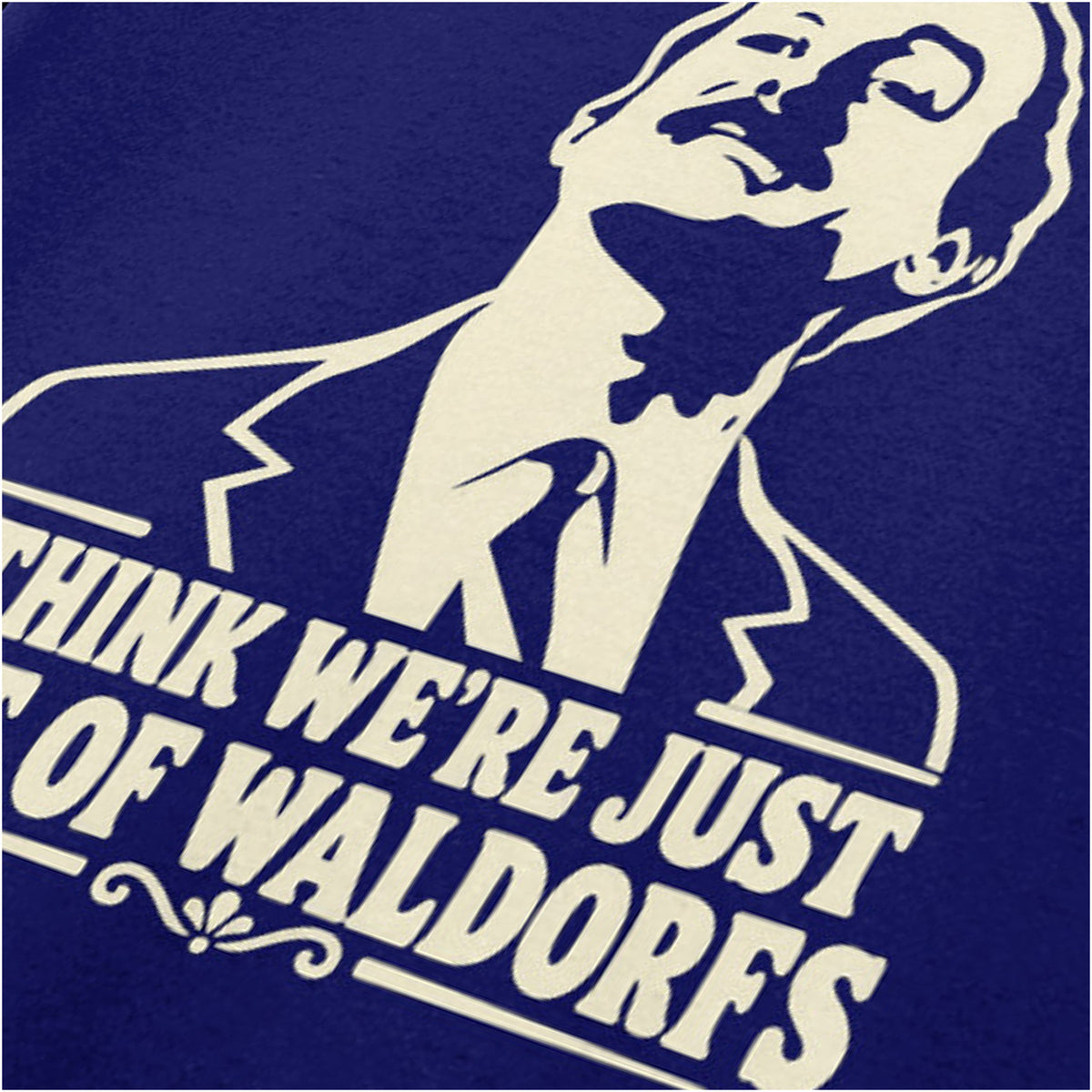 “Basil Fawlty ‘I think we’re just out of Waldorfs’ close up T-shirt in navy from Fawlty Towers”