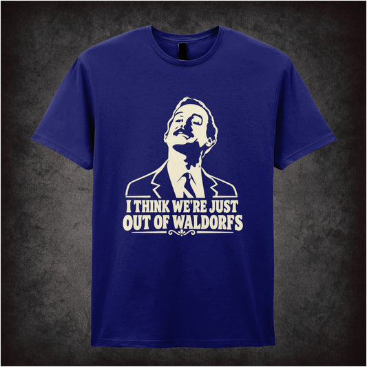 “Basil Fawlty ‘I think we’re just out of Waldorfs’ T-shirt in navy from Fawlty Towers”