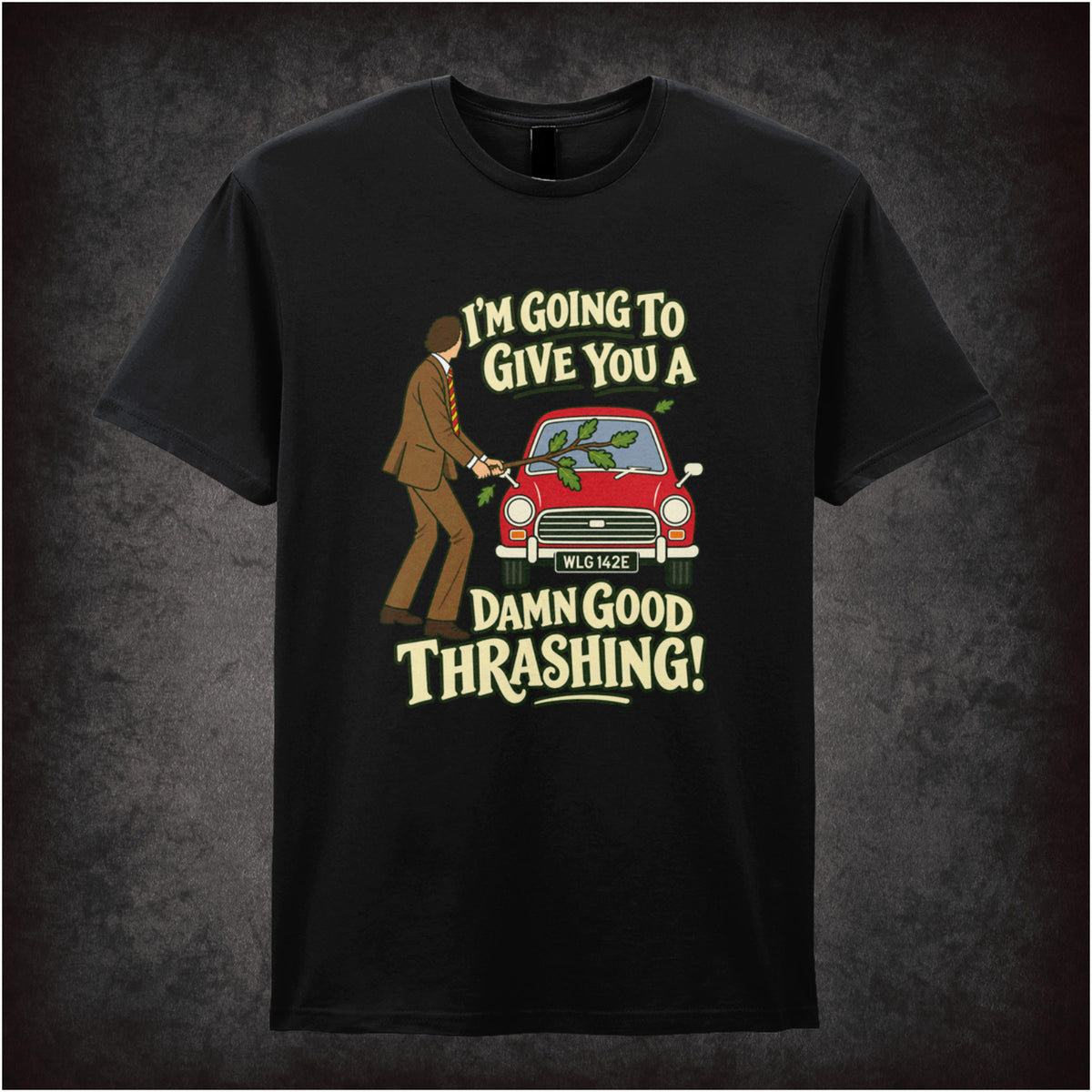 “Basil Fawlty ‘I’m going to give you a damn good thrashing!’ T-shirt in black from Fawlty Towers”