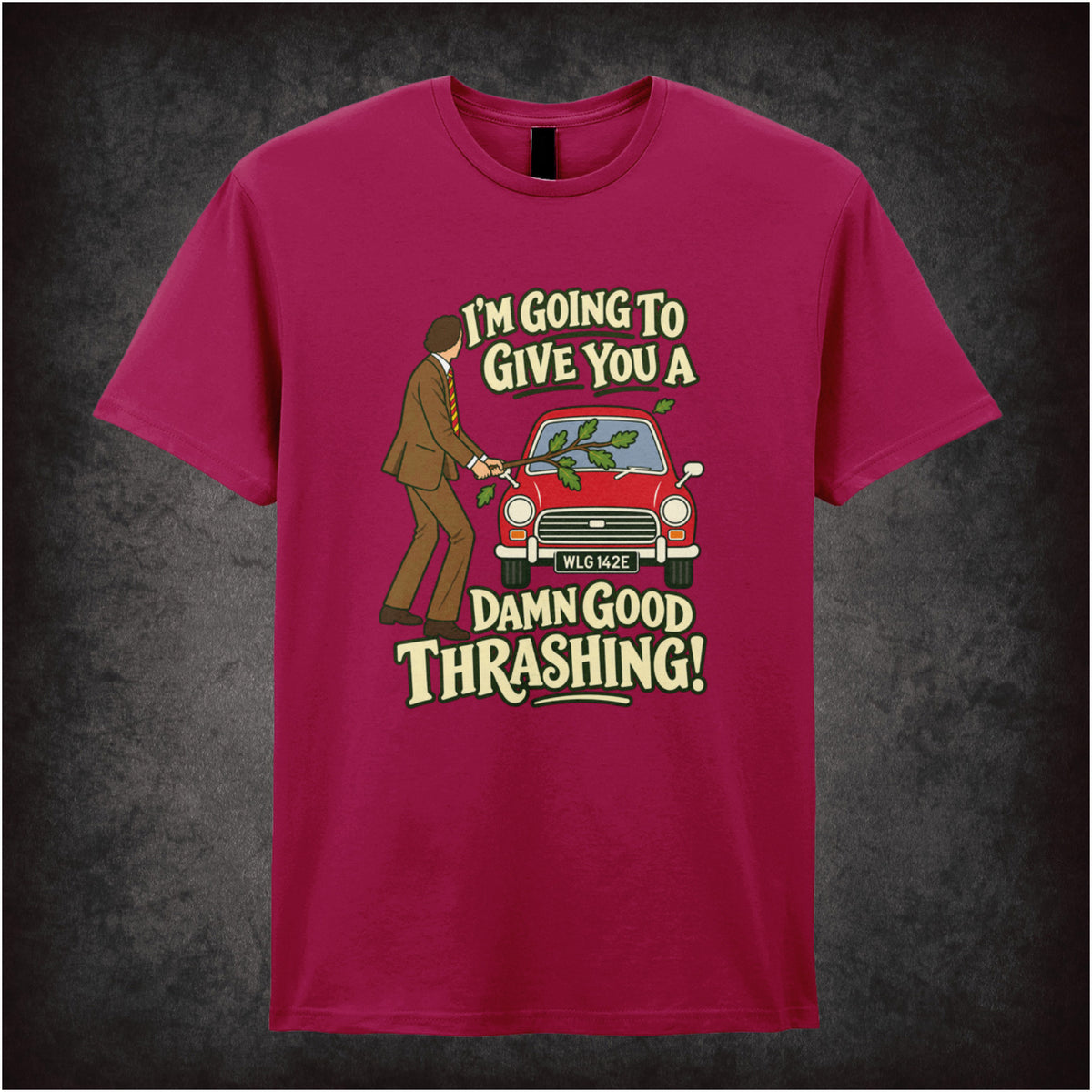 “Basil Fawlty ‘I’m going to give you a damn good thrashing!’ T-shirt in cardinal red from Fawlty Towers”