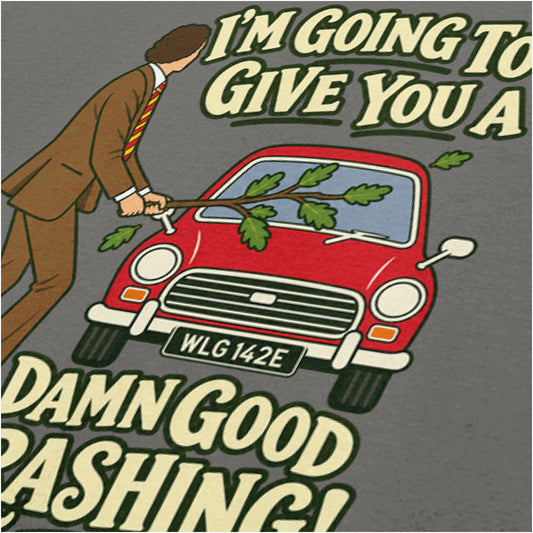 “Basil Fawlty ‘I’m going to give you a damn good thrashing!’ close up T-shirt in charcoal from Fawlty Towers”