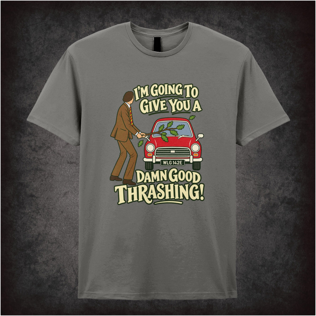 “Basil Fawlty ‘I’m going to give you a damn good thrashing!’ T-shirt in charcoal from Fawlty Towers”