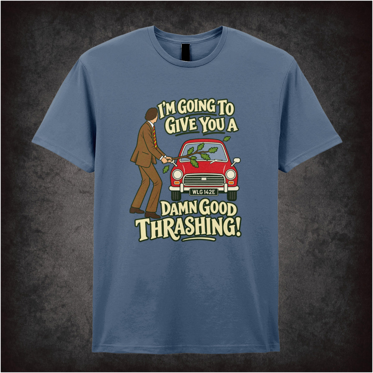 “Basil Fawlty ‘I’m going to give you a damn good thrashing!’ T-shirt in indigo from Fawlty Towers”