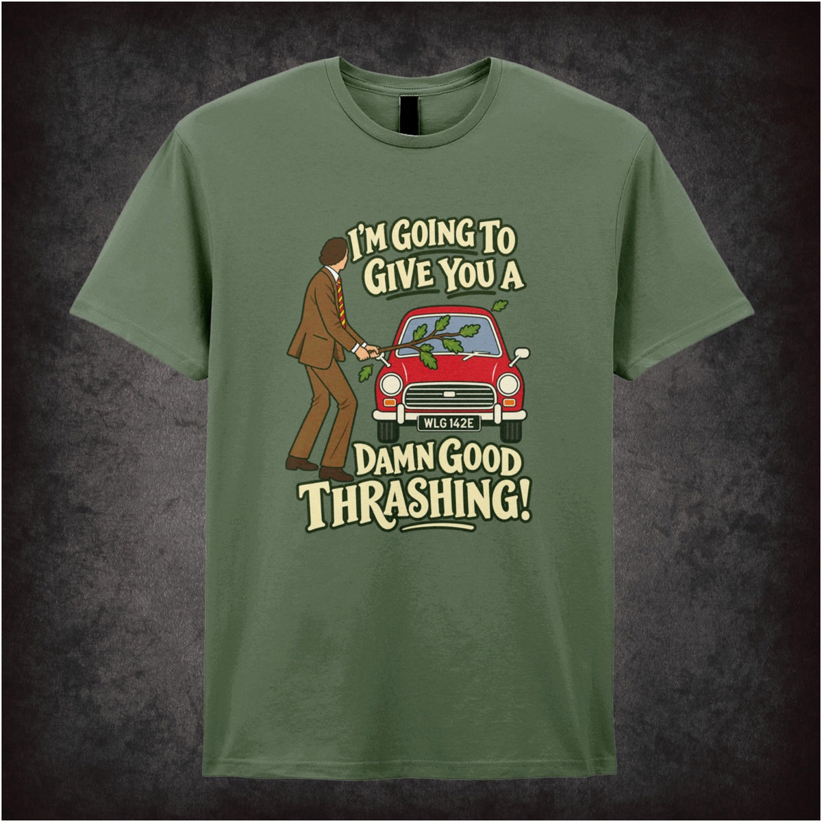 “Basil Fawlty ‘I’m going to give you a damn good thrashing!’ T-shirt in military green from Fawlty Towers”