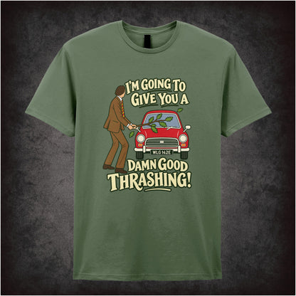 “Basil Fawlty ‘I’m going to give you a damn good thrashing!’ T-shirt in military green from Fawlty Towers”