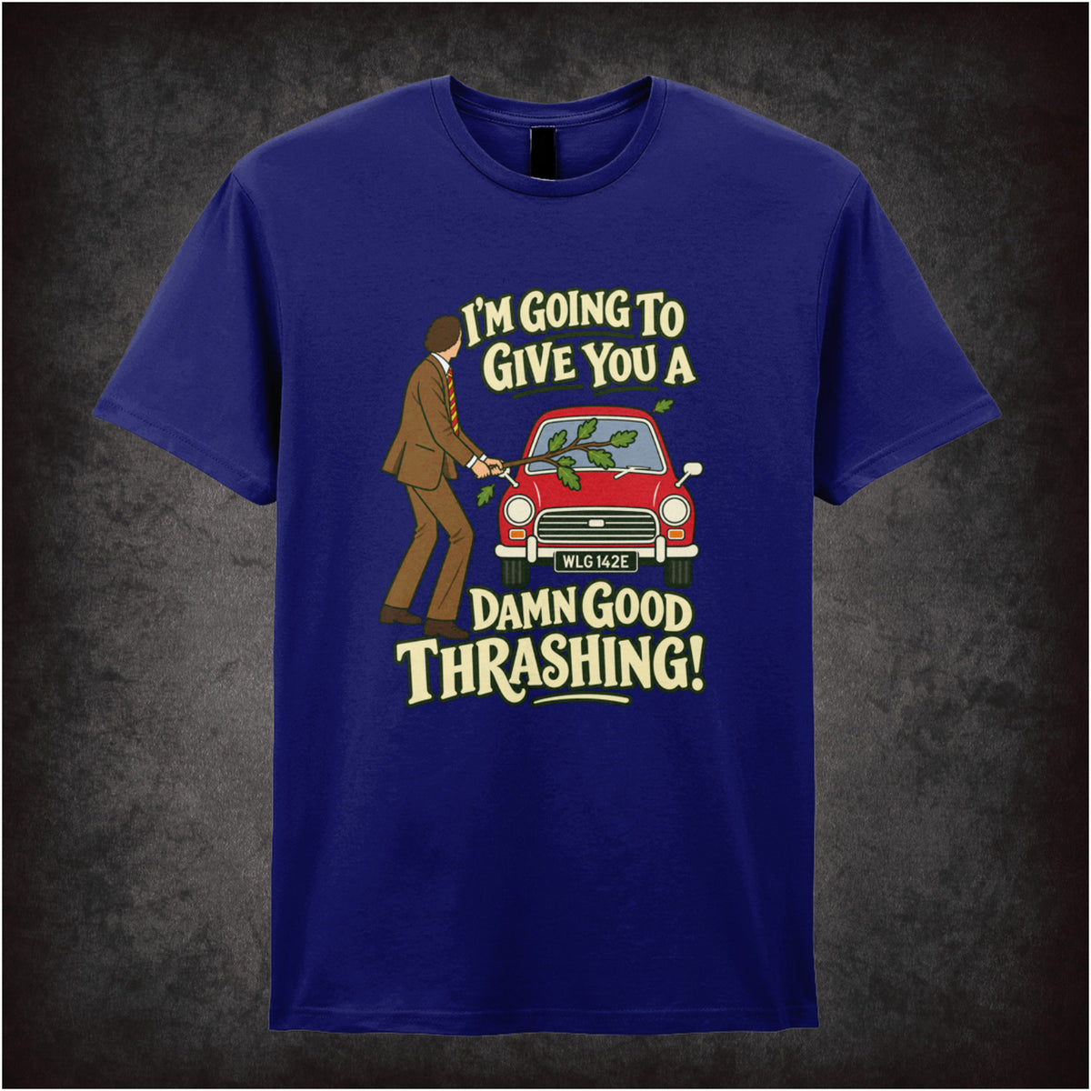 “Basil Fawlty ‘I’m going to give you a damn good thrashing!’ T-shirt in navy from Fawlty Towers”