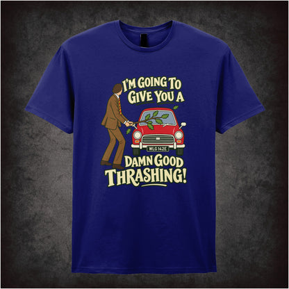 “Basil Fawlty ‘I’m going to give you a damn good thrashing!’ T-shirt in navy from Fawlty Towers”