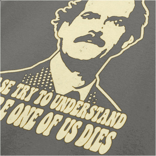 “Basil Fawlty ‘Please try to understand before one of us dies’ close up T-shirt in charcoal from Fawlty Towers”