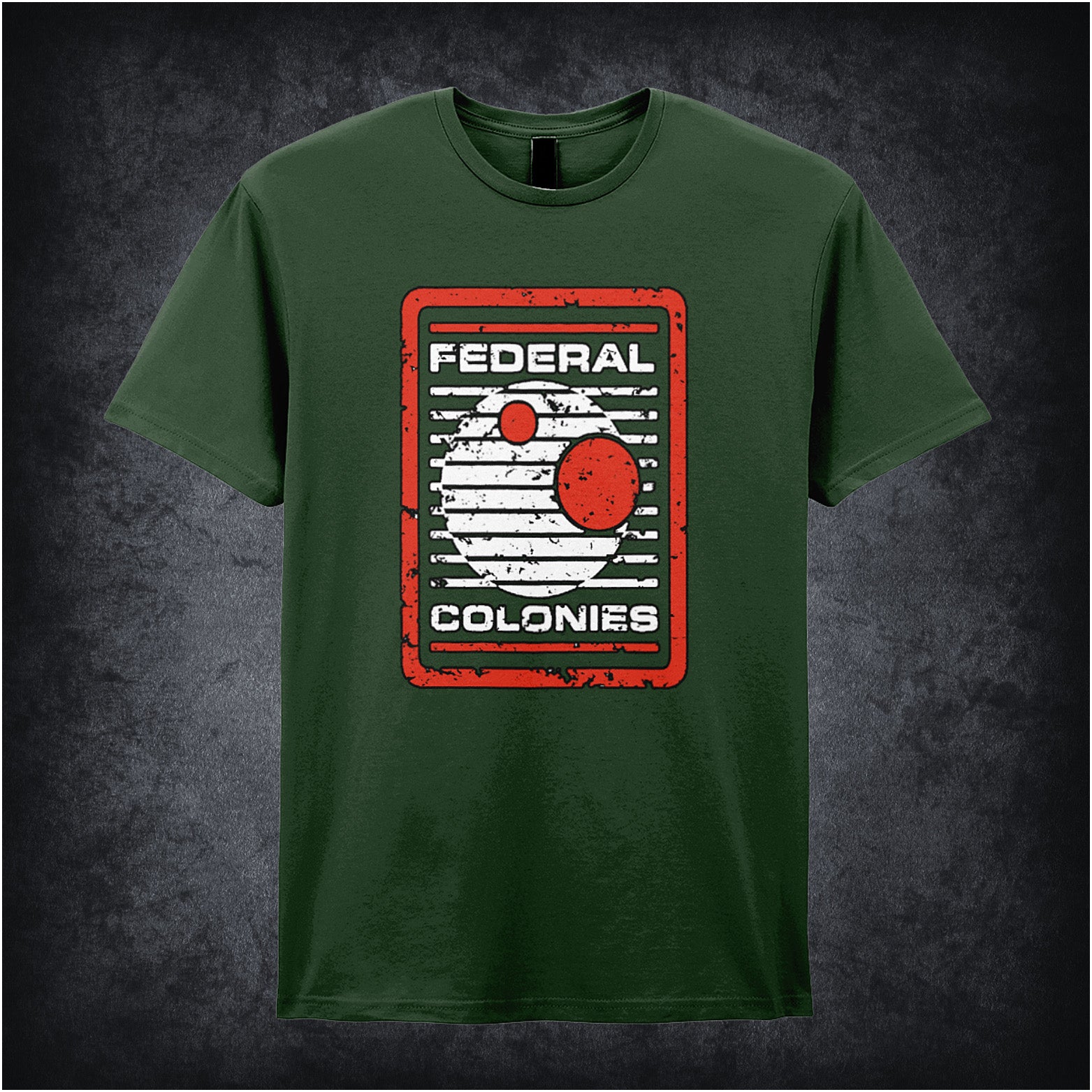 Federal Colonies – Total Recall-inspired design featuring a retro-futuristic space travel poster with bold text and planet imagery, printed on a forest unisex t-shirt.