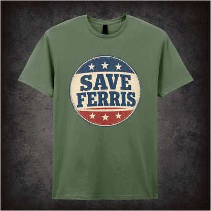 ‘Save Ferris’ campaign button logo T-shirt from Ferris Bueller’s Day Off