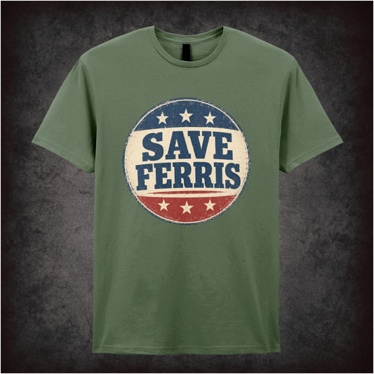 ‘Save Ferris’ campaign button logo T-shirt from Ferris Bueller’s Day Off