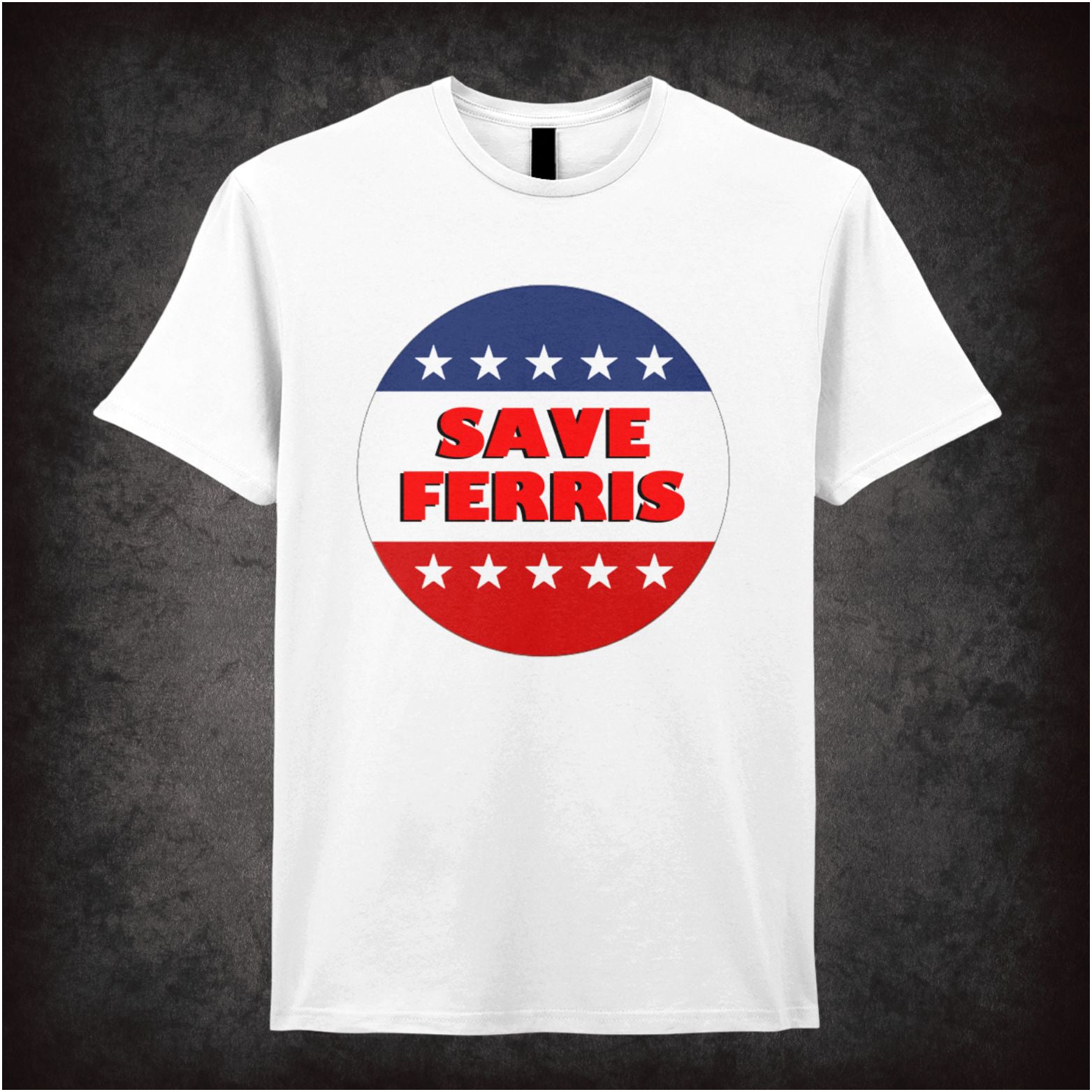 ‘Save Ferris’ campaign button logo T-shirt from Ferris Bueller’s Day Off