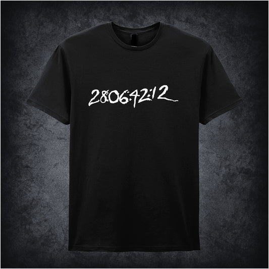 Black unisex T-shirt featuring the phrase “Flight Number, 28:06:42:12” inspired by Donnie Darko, with bold, mysterious typography reflecting the film’s dark, cult aesthetic.