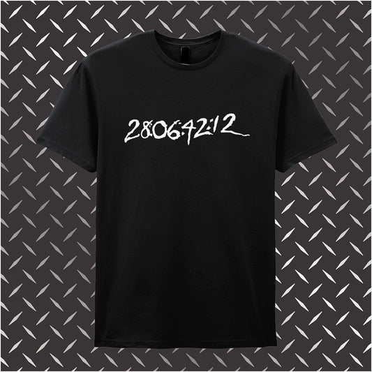 Black unisex T-shirt featuring the phrase “Flight Number, 28:06:42:12” inspired by Donnie Darko, with bold, mysterious typography reflecting the film’s dark, cult aesthetic.