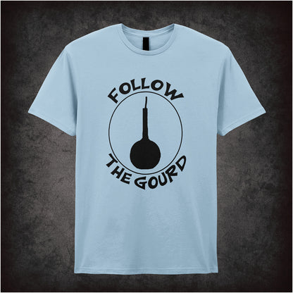 Follow the Gourd Monty Python Life of Brian inspired soft style unisex light blue T-shirt featuring iconic movie quote design, perfect for classic comedy fans.
