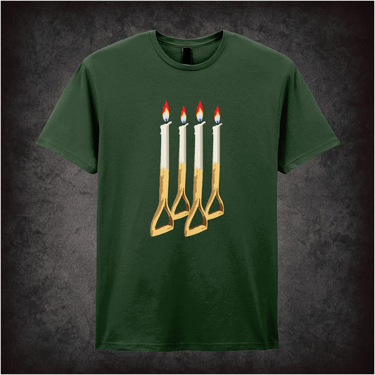 forest unisex T-shirt featuring the text “Four Candles - Fork Handles” inspired by The Two Ronnies, with playful, vintage-style typography referencing the classic sketch.