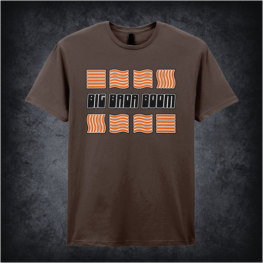 chocolate unisex t-shirt featuring the Four Elements symbols alongside an illustration of Leeloo from The Fifth Element with the phrase “Big Bada Boom,” highlighting her orange hair and white outfit.
