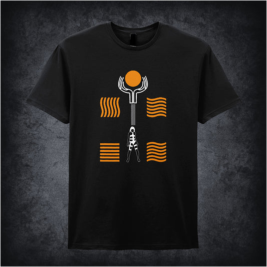 Black unisex t-shirt featuring a graphic of the Four Elements symbols alongside an illustration of Leeloo from The Fifth Element, combining iconic symbols with her distinctive orange hair and white outfit.